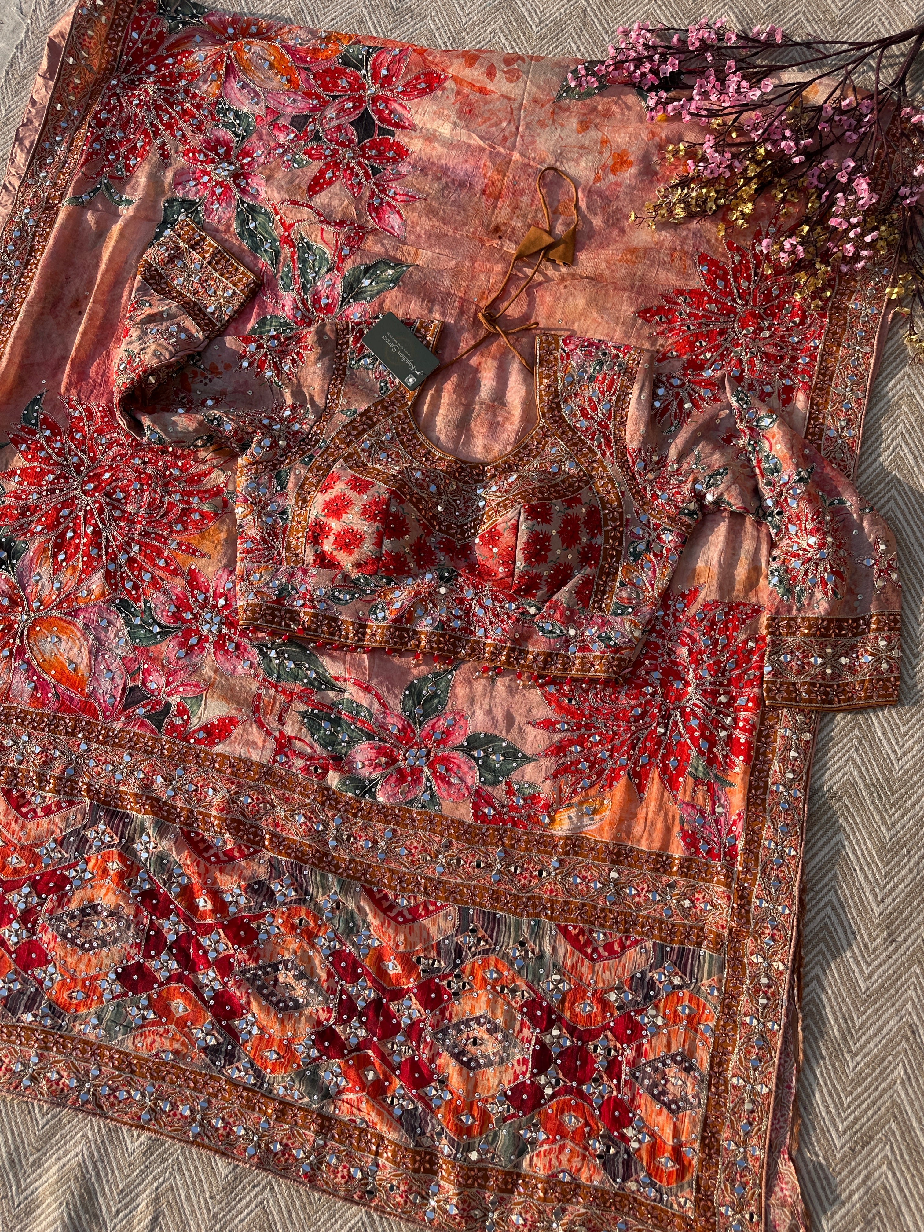 Peach Georgette Saree with Blouse with Mirror, Zari, Sequins, Swarovski and Printed Embroidery 12